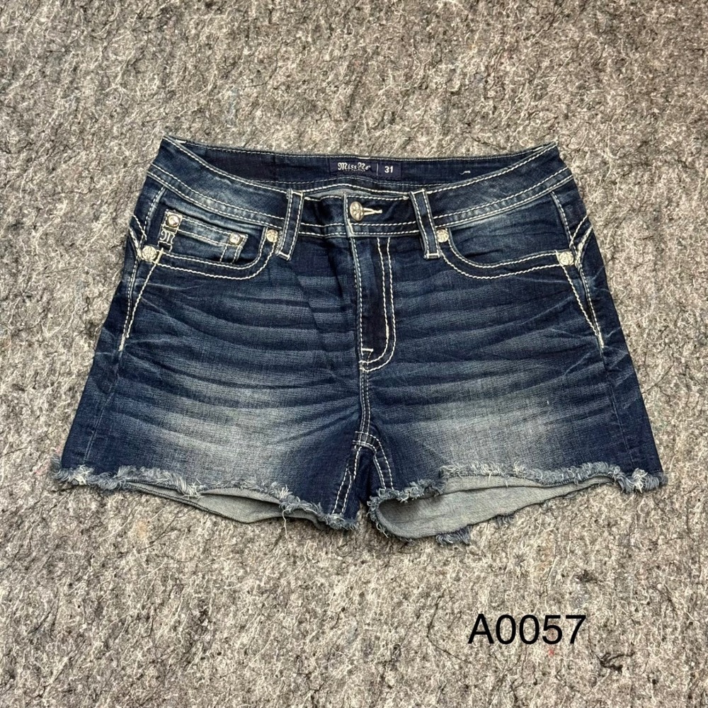 Miss Me Mid-Rise Denim Shorts 31 Dark Wash Americana Flag Star Frayed Hem